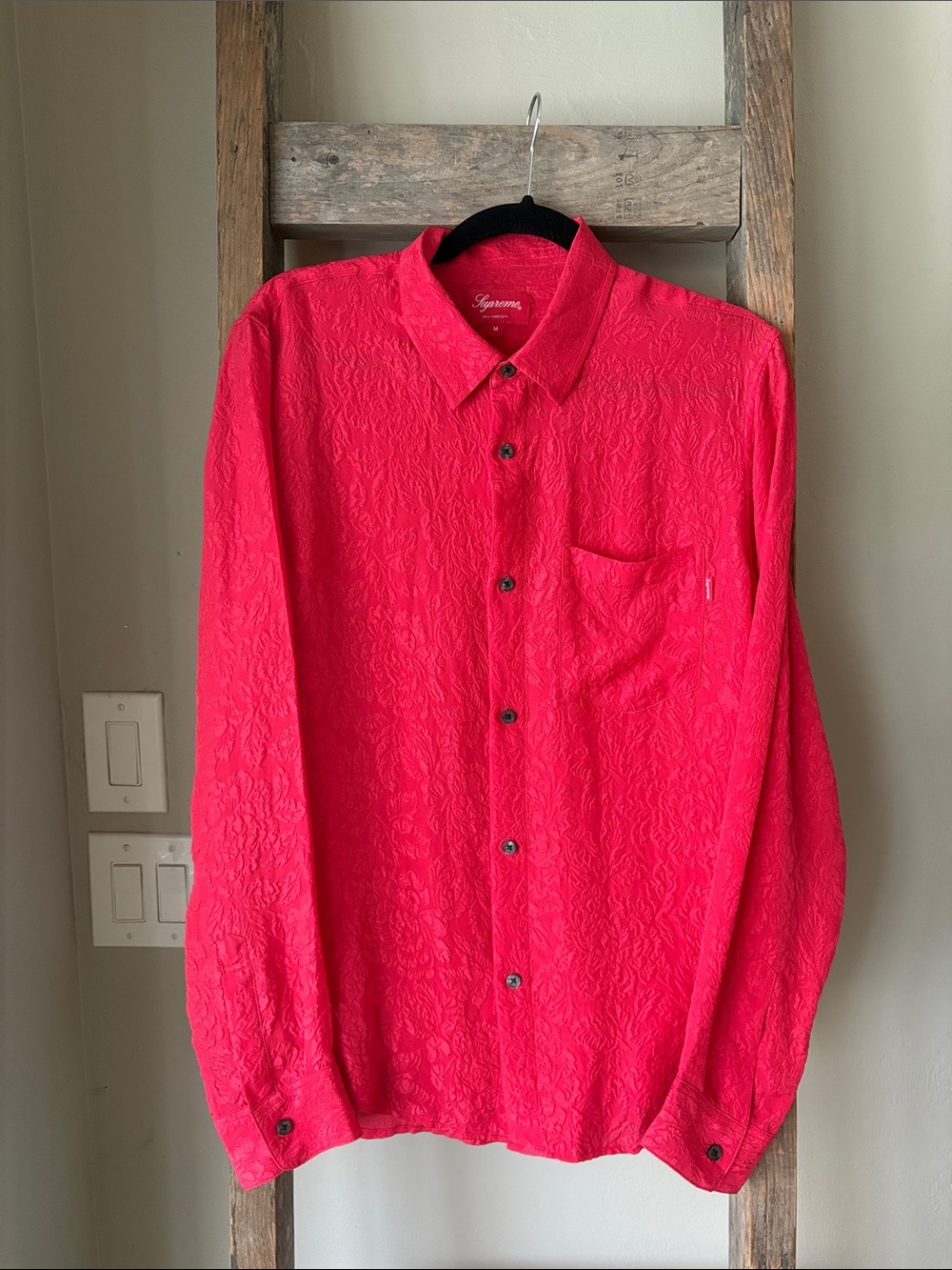 Supreme 100% Silk Red Floral Jaquard Button Front Long Sleeve Shirt M